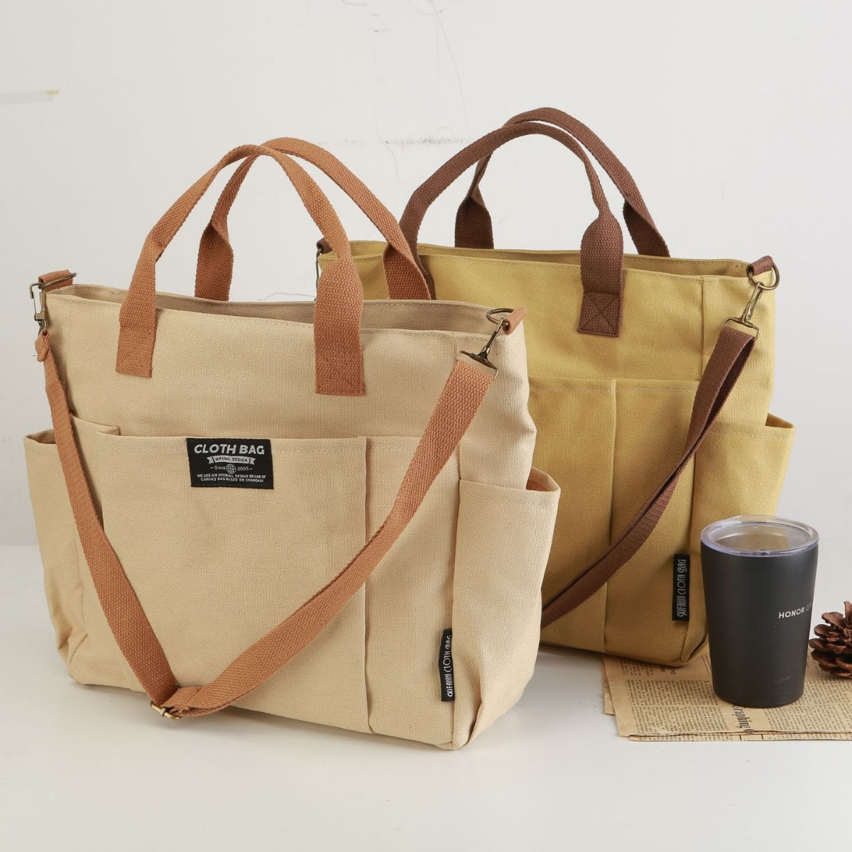 Women'S Japanese Bags - Canvas Tote Bag, Thickened Multiple Pockets
